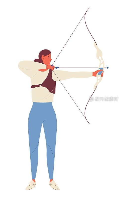 Young woman training archery with bow shooting arrows. Concept sport character in static pose ready for shot isolated on white.